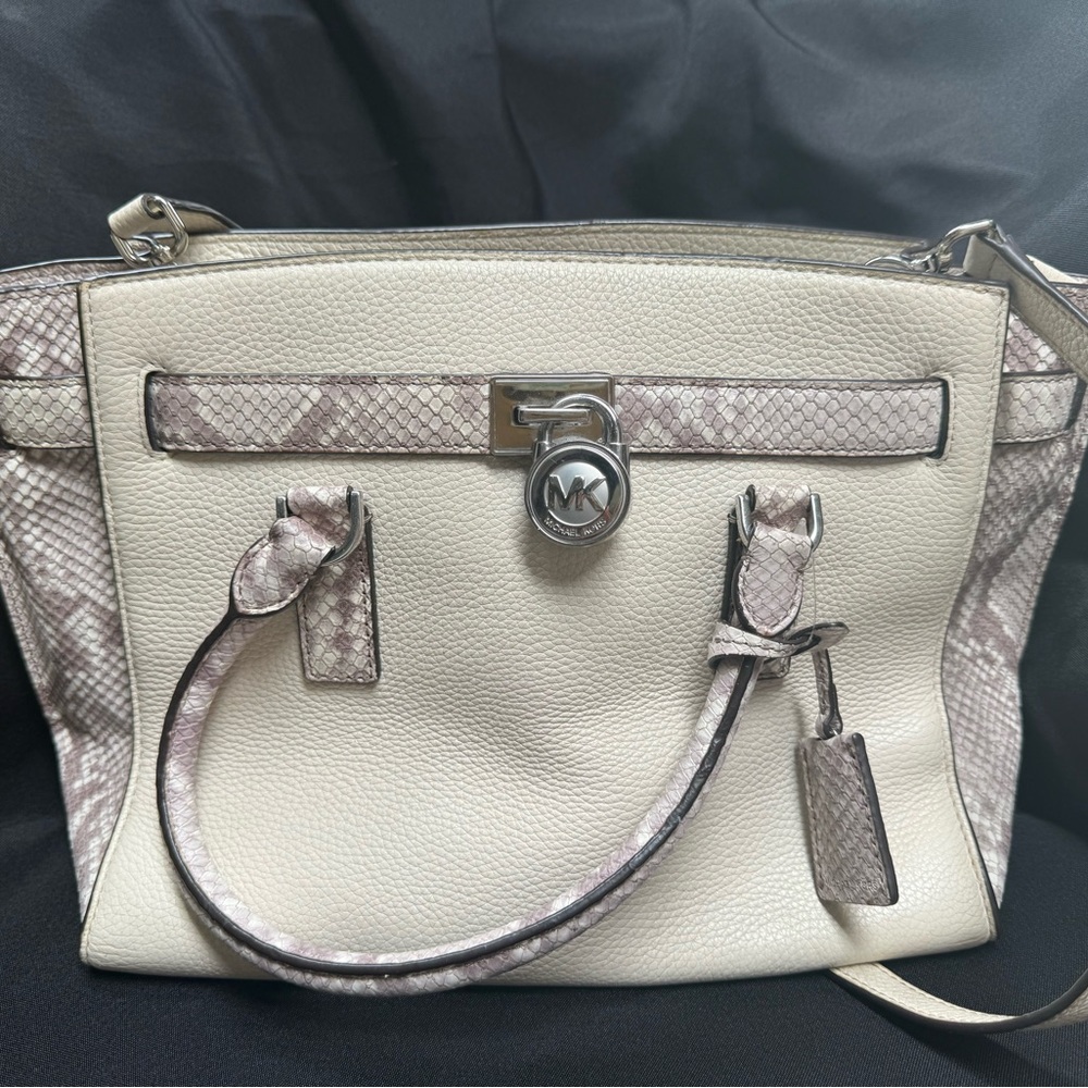 Michael Kors Cream Leather Tote with Snake-Print Trim - Picture 2 of 7